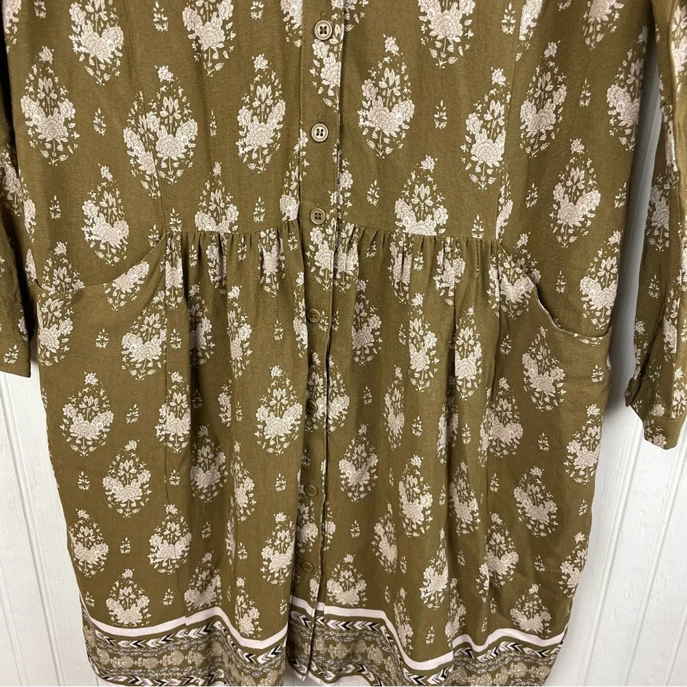 Garnet Hill Dropwaist Button-Up Dress Olive Green Floral Women's Size 2 Bohemian